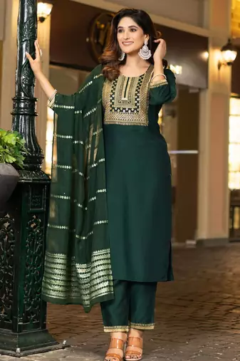 Bottle green chinnon embroidered kurta set with jacquard dupatta