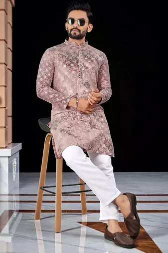 Pink  chikankari embroidered   men's only viscose rayon kurta
