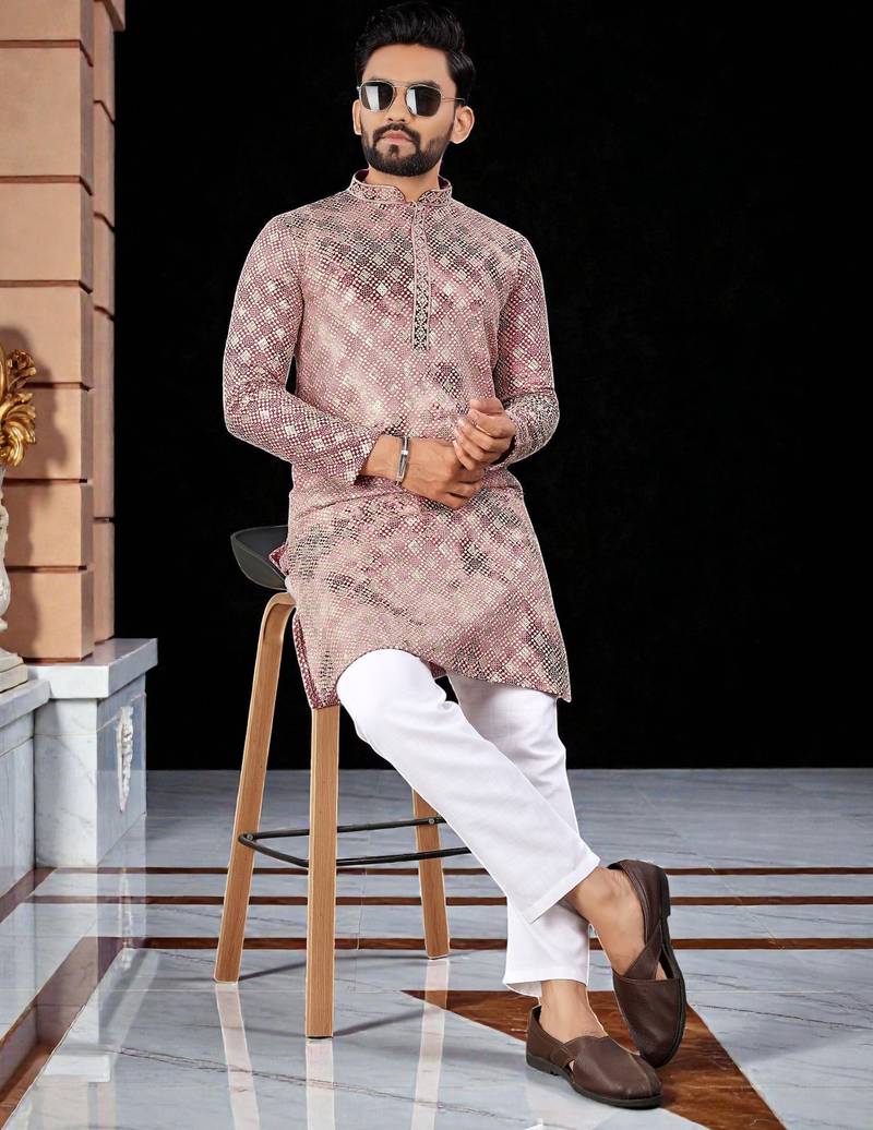 Pink  chikankari embroidered   men's only viscose rayon kurta