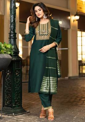 Bottle green chinnon embroidered kurta set with jacquard dupatta 2