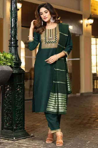 Bottle green chinnon embroidered kurta set with jacquard dupatta