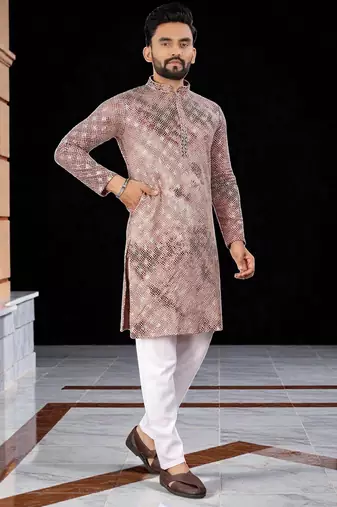 Pink  chikankari embroidered   men's only viscose rayon kurta