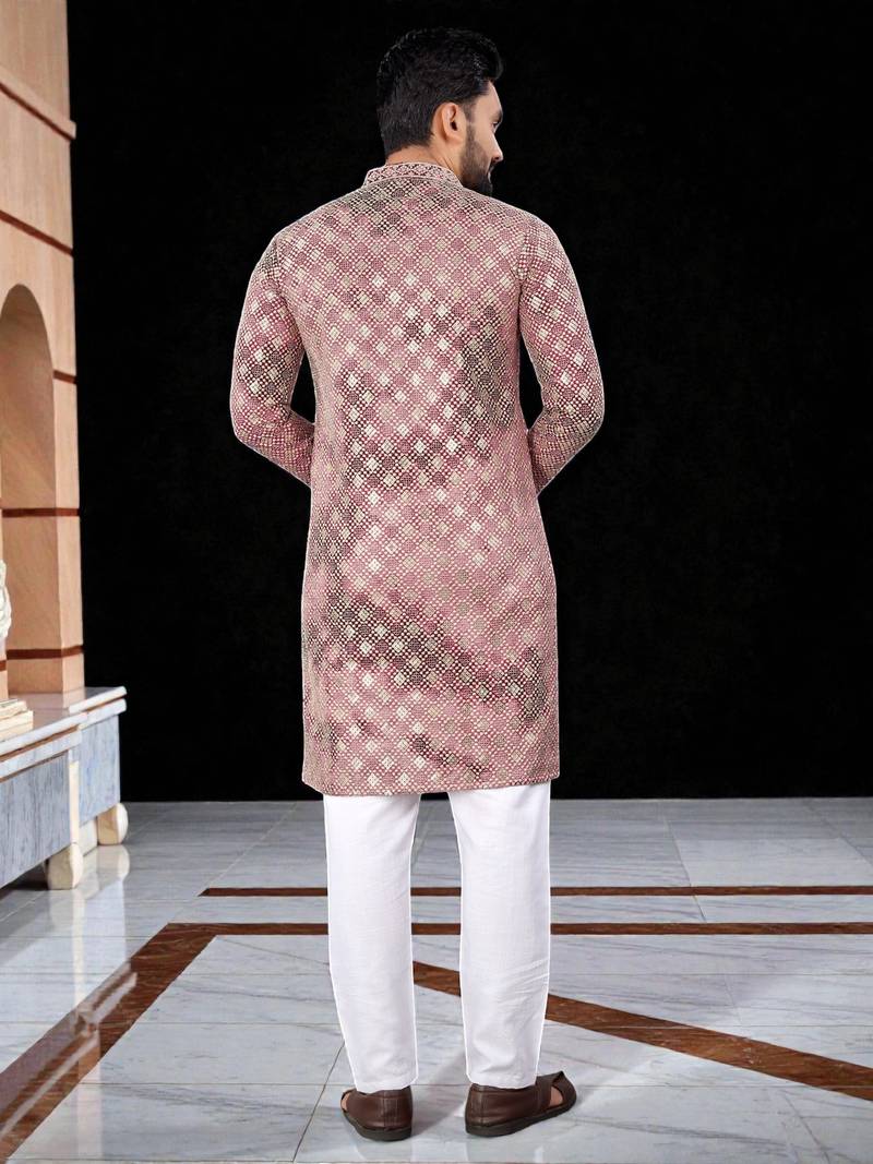 Pink  chikankari embroidered   men's only viscose rayon kurta