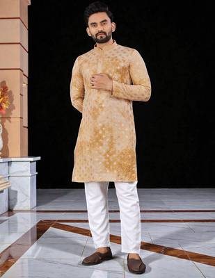 Yellow  chikankari embroidered   men's only viscose rayon kurta 1