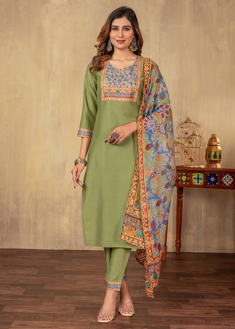 Pista cotton printed kurta set with dupatta