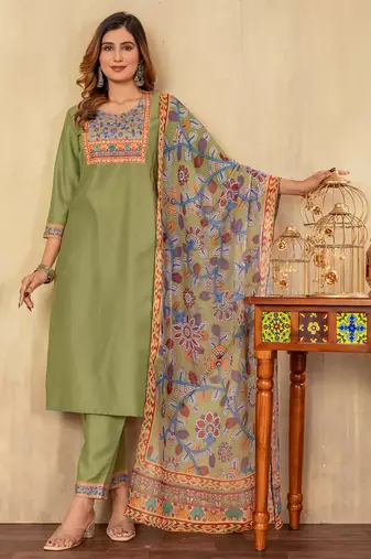 Pista cotton printed kurta set with dupatta