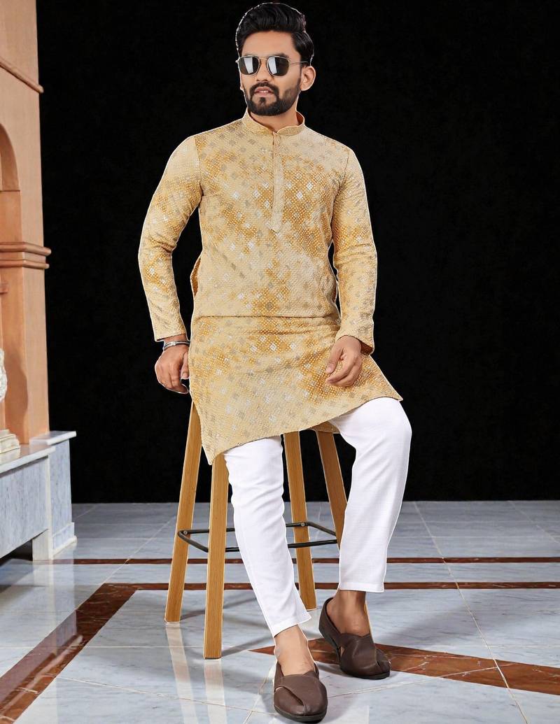 Yellow  chikankari embroidered   men's only viscose rayon kurta