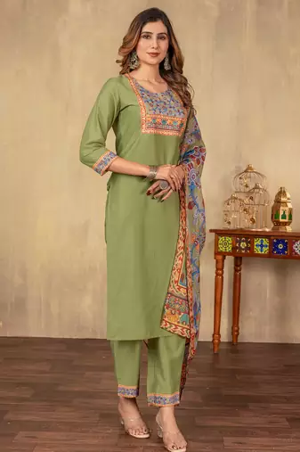 Pista cotton printed kurta set with dupatta