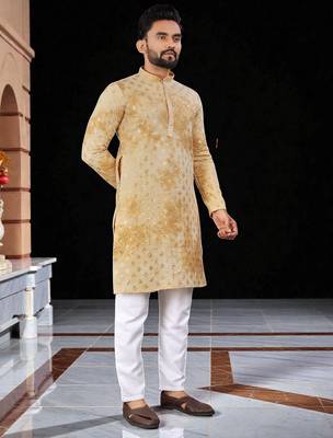 Yellow  chikankari embroidered   men's only viscose rayon kurta 4
