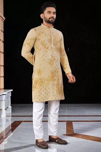 Yellow  chikankari embroidered   men's only viscose rayon kurta