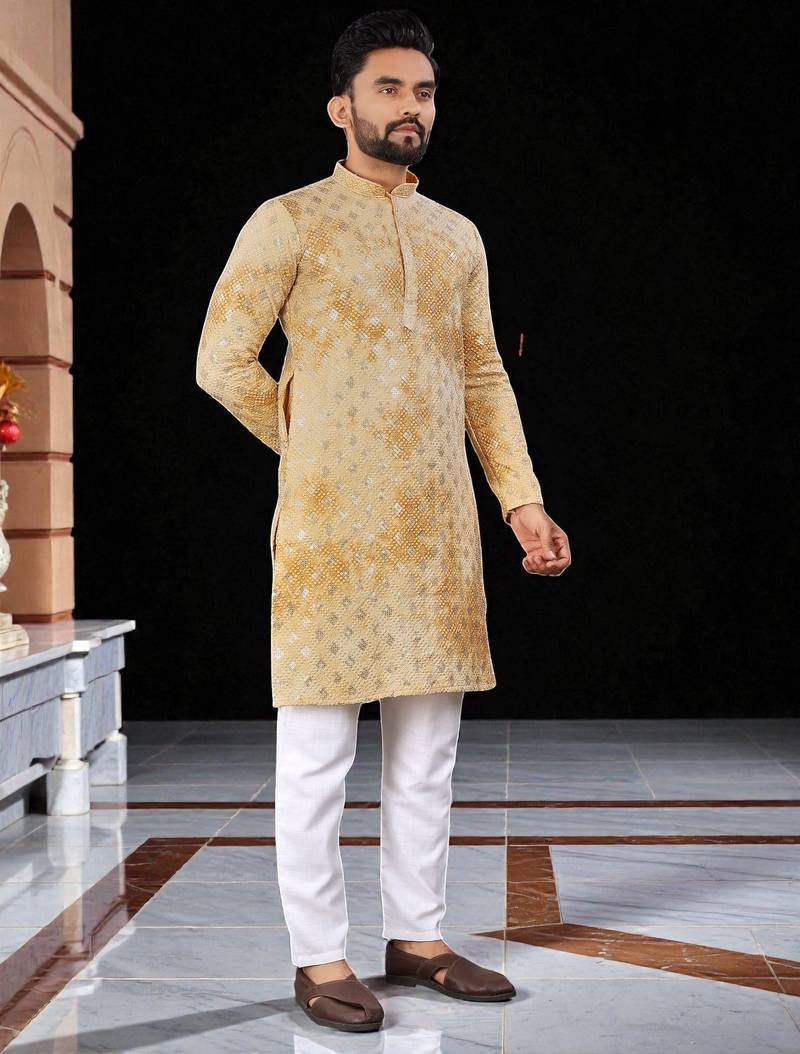 Yellow  chikankari embroidered   men's only viscose rayon kurta