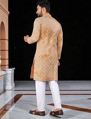 Yellow  chikankari embroidered   men's only viscose rayon kurta 5