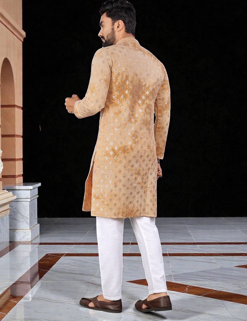 Yellow  chikankari embroidered   men's only viscose rayon kurta