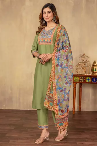 Pista cotton printed kurta set with dupatta