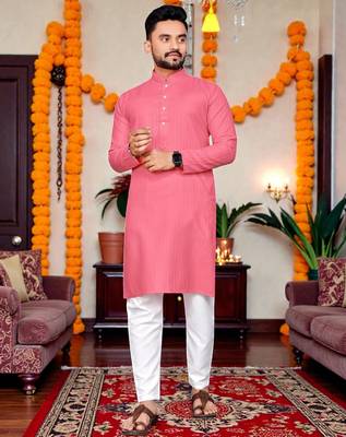 baby pink plain cotton blend  men's only kurta 1