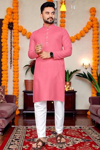 baby pink plain cotton blend  men's only kurta