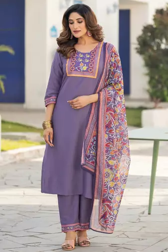 Lavender chinon printed kurta set with dupatta