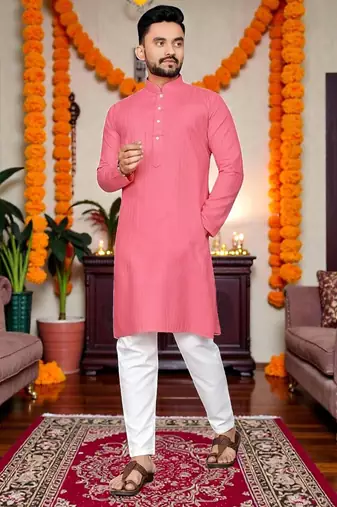  baby pink plain cotton blend  men's only kurta