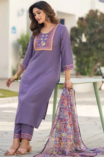 Lavender chinon printed kurta set with dupatta