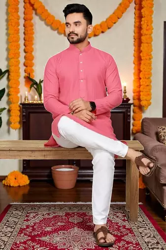  baby pink plain cotton blend  men's only kurta