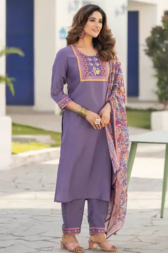 Lavender chinon printed kurta set with dupatta