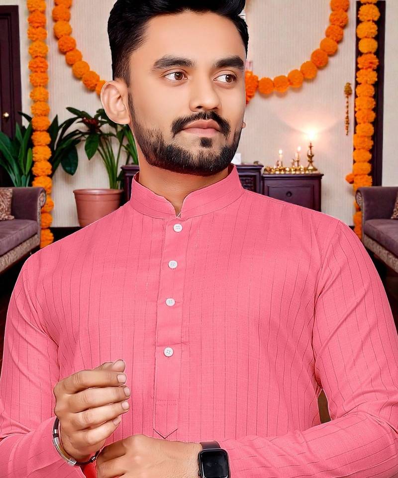  baby pink plain cotton blend  men's only kurta