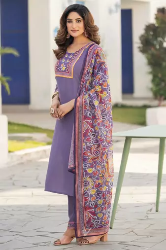 Lavender chinon printed kurta set with dupatta