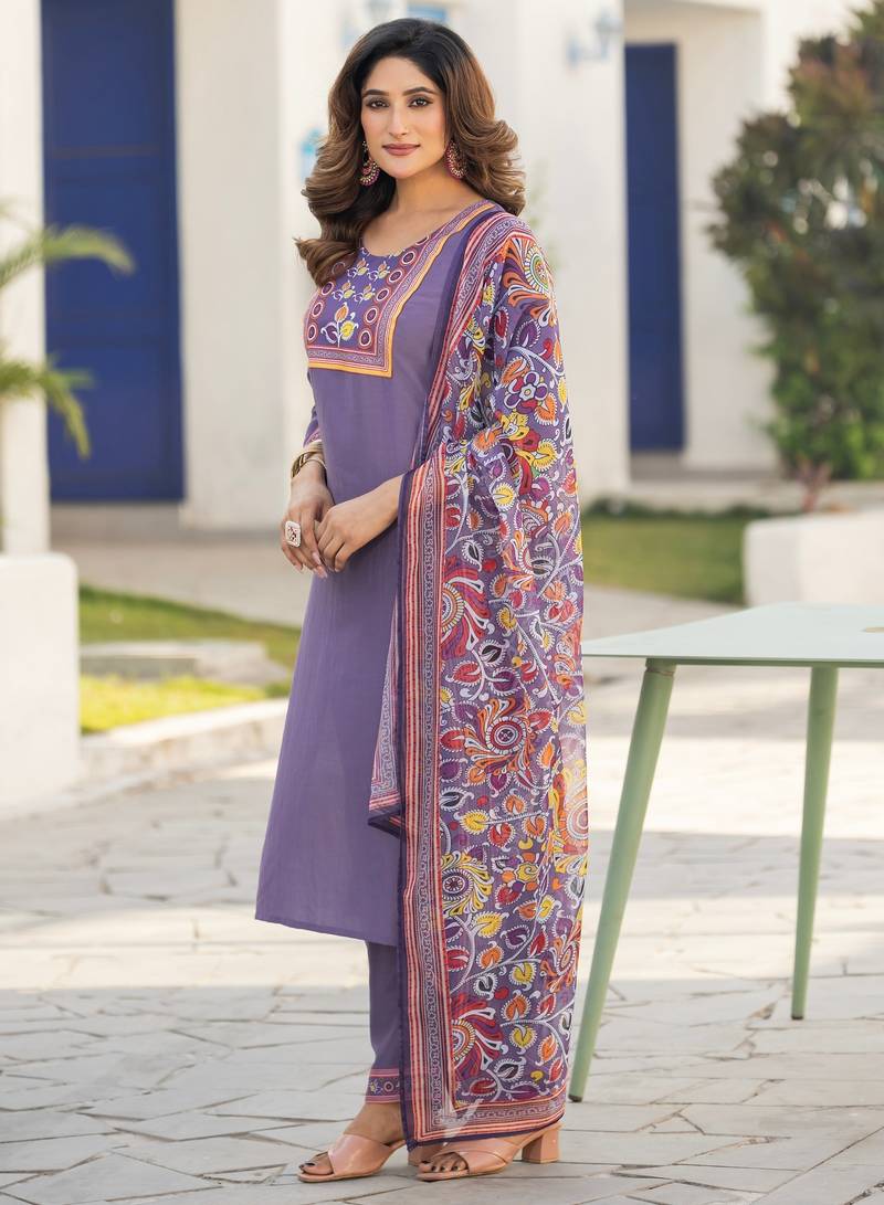 Lavender chinon printed kurta set with dupatta