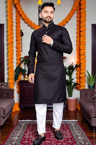  black plain cotton blend  men's only kurta