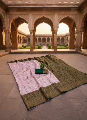 Baby pink silk blend banarasi saree with unstitched blouse piece 3