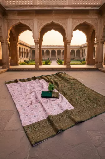 Baby pink silk blend banarasi saree with unstitched blouse piece