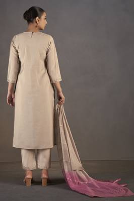 Cream roman silk embroidered with sequined work kurta set with dupatta for women 2