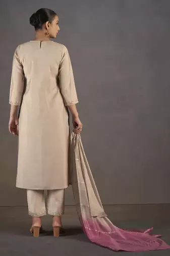 Cream roman silk embroidered with sequined work kurta set with dupatta for women