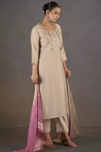 Cream roman silk embroidered with sequined work kurta set with dupatta for women