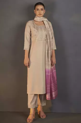 Cream roman silk embroidered with sequined work kurta set with dupatta for women