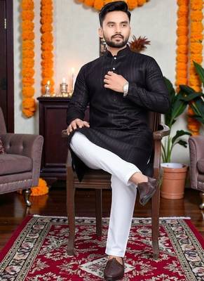  black plain cotton blend  men's only kurta 5
