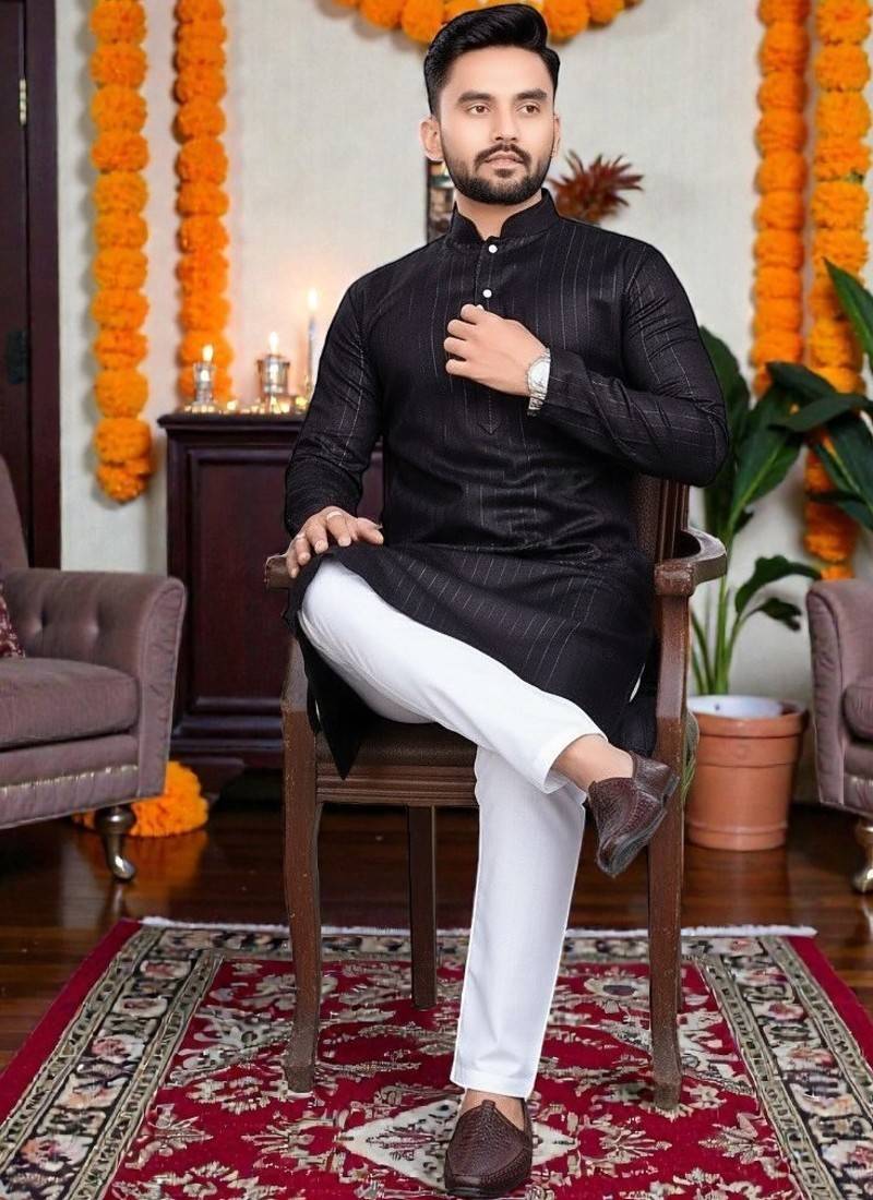  black plain cotton blend  men's only kurta