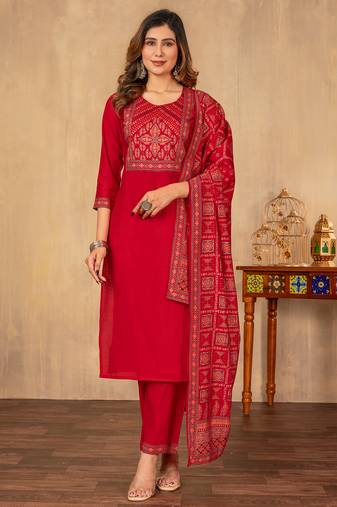 Red cotton printed kurta set with dupatta