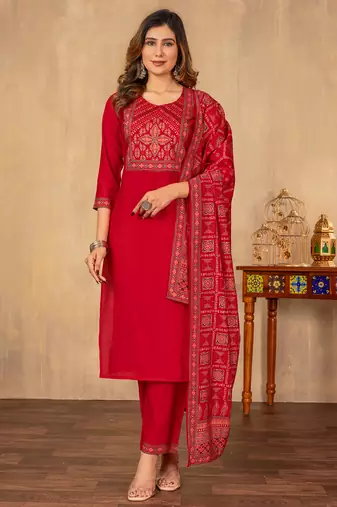 Red cotton printed kurta set with dupatta