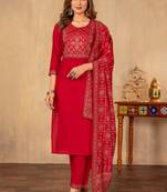 Red cotton printed kurta set with dupatta