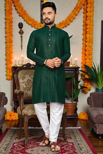  dark green plain cotton blend  men's only kurta