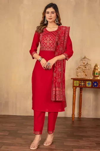 Red cotton printed kurta set with dupatta