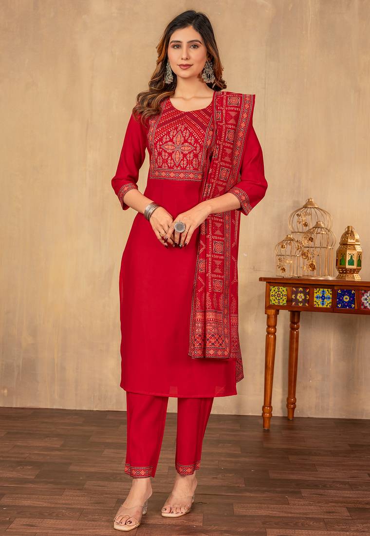 Red cotton printed kurta set with dupatta