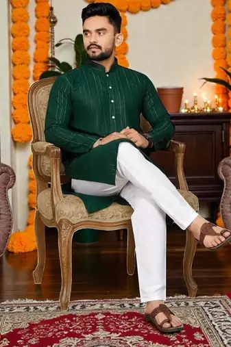  dark green plain cotton blend  men's only kurta