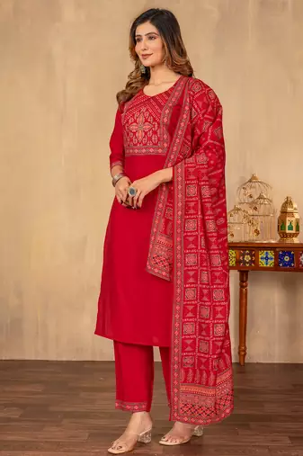 Red cotton printed kurta set with dupatta