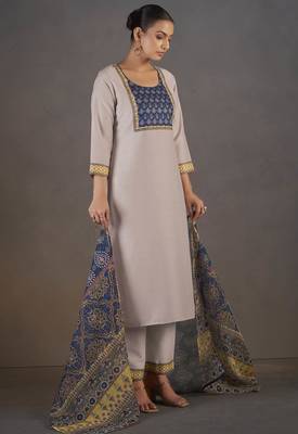 Cream chinnon floral printed kurta set for women 3
