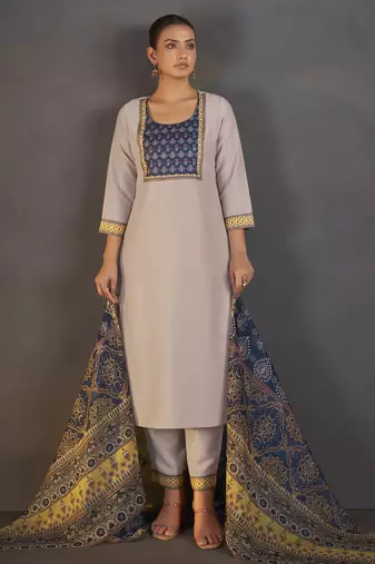 Cream chinnon floral printed kurta set for women