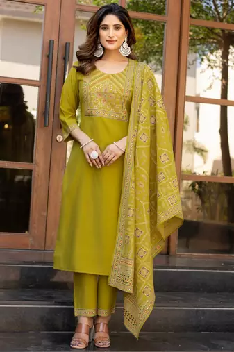 Mustard roman silk printed kurta set with dupatta