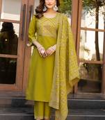 Mustard roman silk printed kurta set with dupatta