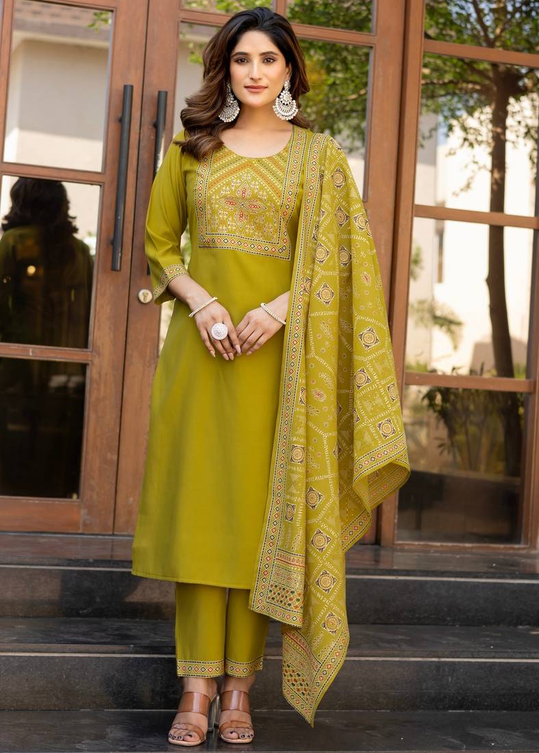 Mustard roman silk printed kurta set with dupatta